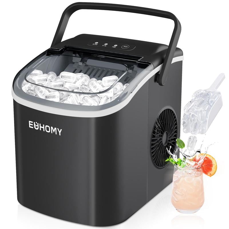 EUHOMY Ice Maker Countertop with Handle, 26lbs in 24Hrs, 9 Ice Cubes Ready in 6 Mins, Auto-Cleaning Portable Ice Maker with Basket and Scoop, for Home/Kitchen/Camping/RV. (2024 New Silver) Utensils